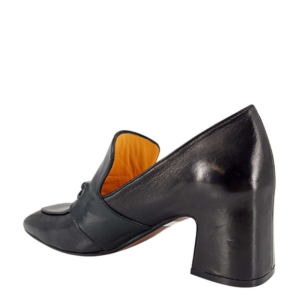 Black leather hidden-bit loafer with chunky heel and orange interior lining