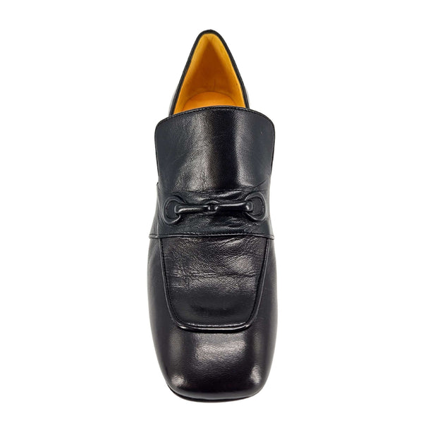 Black leather hidden-bit loafer with vamp strap and visible bit hardware