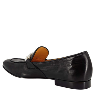 Black leather flat loafer, side view, with pearl bead detail and low heel