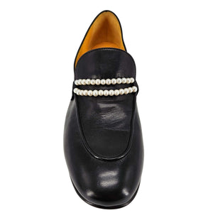 Black leather loafer with horizontal pearl bead strap and warm orange lining