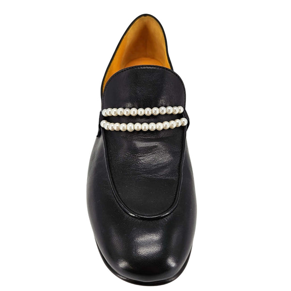 Black leather loafer with horizontal pearl bead strap and warm orange lining