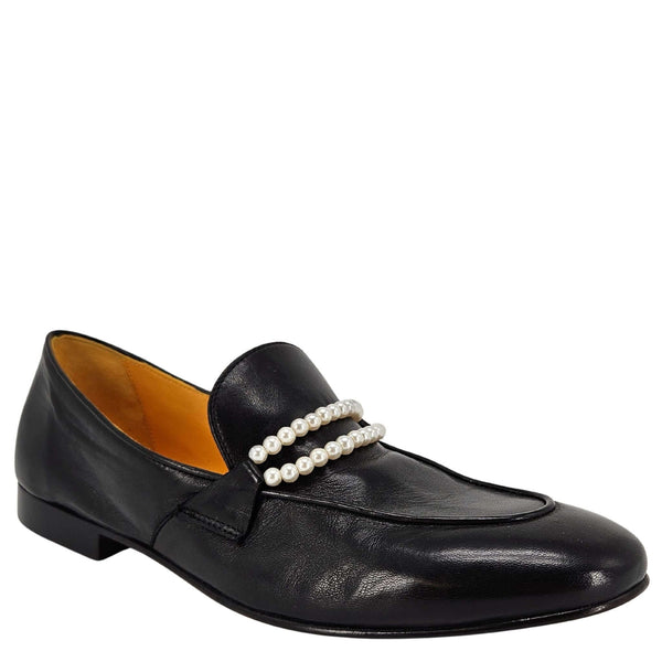Black leather flat loafer with pearl bead strap across the vamp
