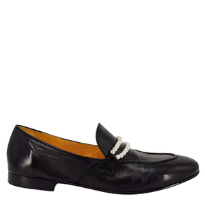 Black leather flat loafer with pearl-embellished strap at vamp