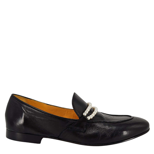 Black leather flat loafer with pearl-embellished strap at vamp
