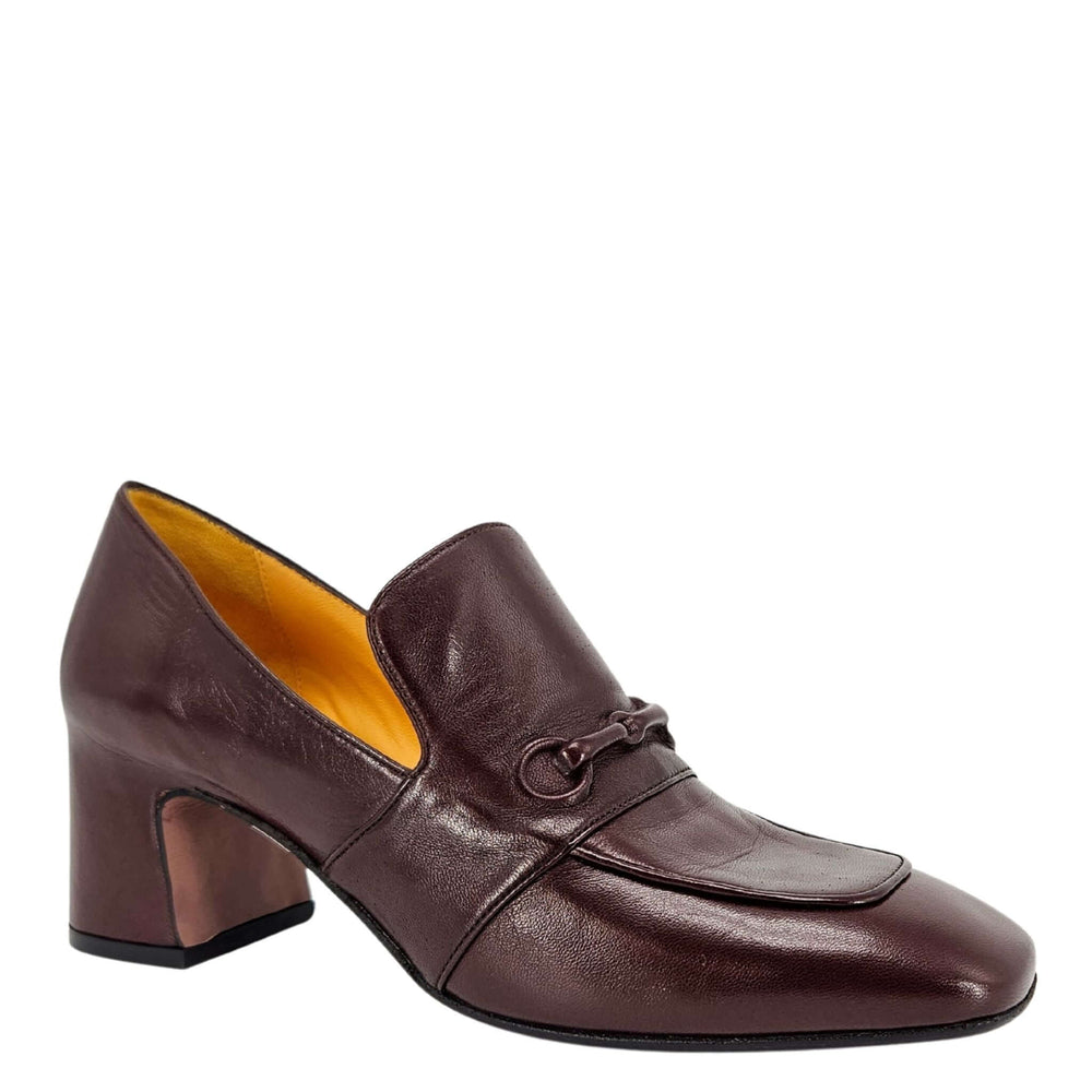 Chocolate leather hidden-heel loafer with decorative bit detail and chunky heel