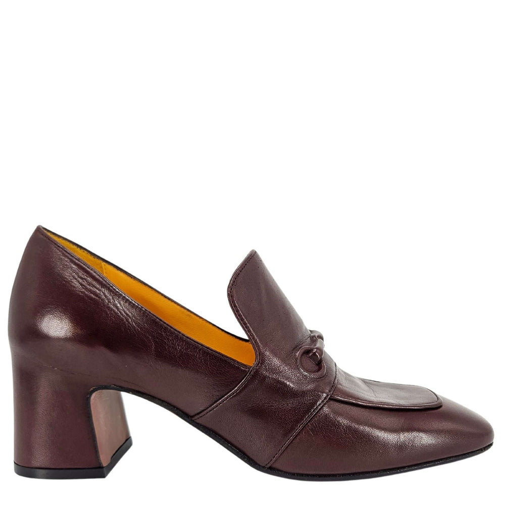 Chocolate leather hidden-heel loafer with decorative bit detail and chunky heel