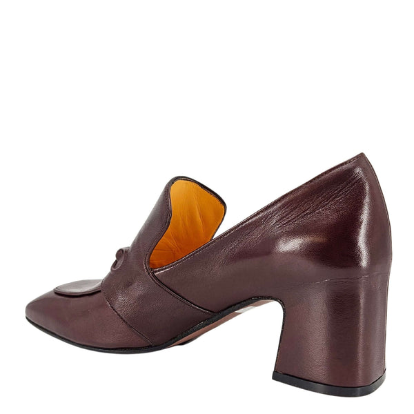 Chocolate leather hidden-heel loafer, side view, chunky block heel with slip-on fit