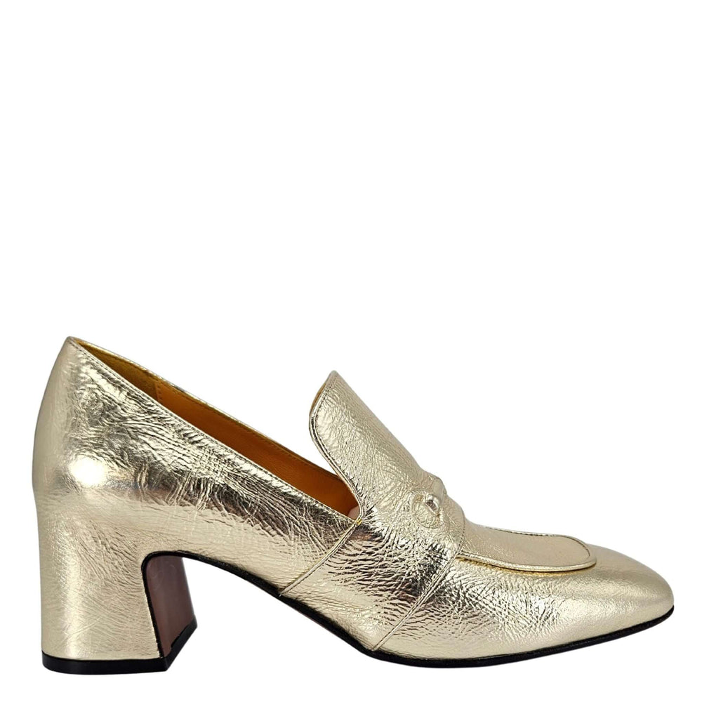 Gold metallic leather loafer with hidden bit detail and block heel, slip-on