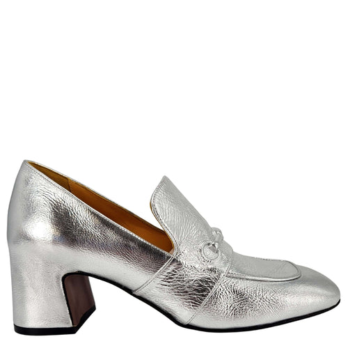 Silver leather loafer with mid heel and metal bit detail on the strap
