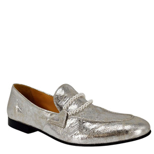 Silver metallic leather flat loafer with pearl buckle detail on upper