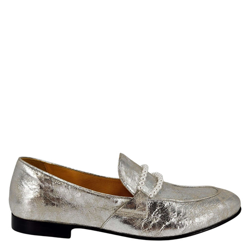 Silver metallic leather flat loafer with pearl-adorned strap and almond toe