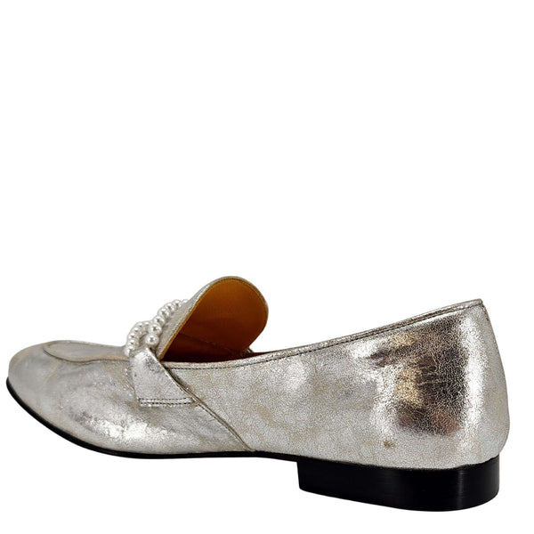 Silver metallic leather flat loafer, side profile with pearl strap detail