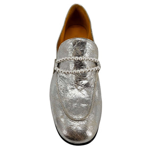 Silver metallic leather slip-on flat loafer with pearl trim across vamp