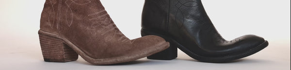 Madison Maison Star Ankle Boot: the beige suede boot with the red star and the black leather boot side by side, western stitching up close, filmed at Madison Maison