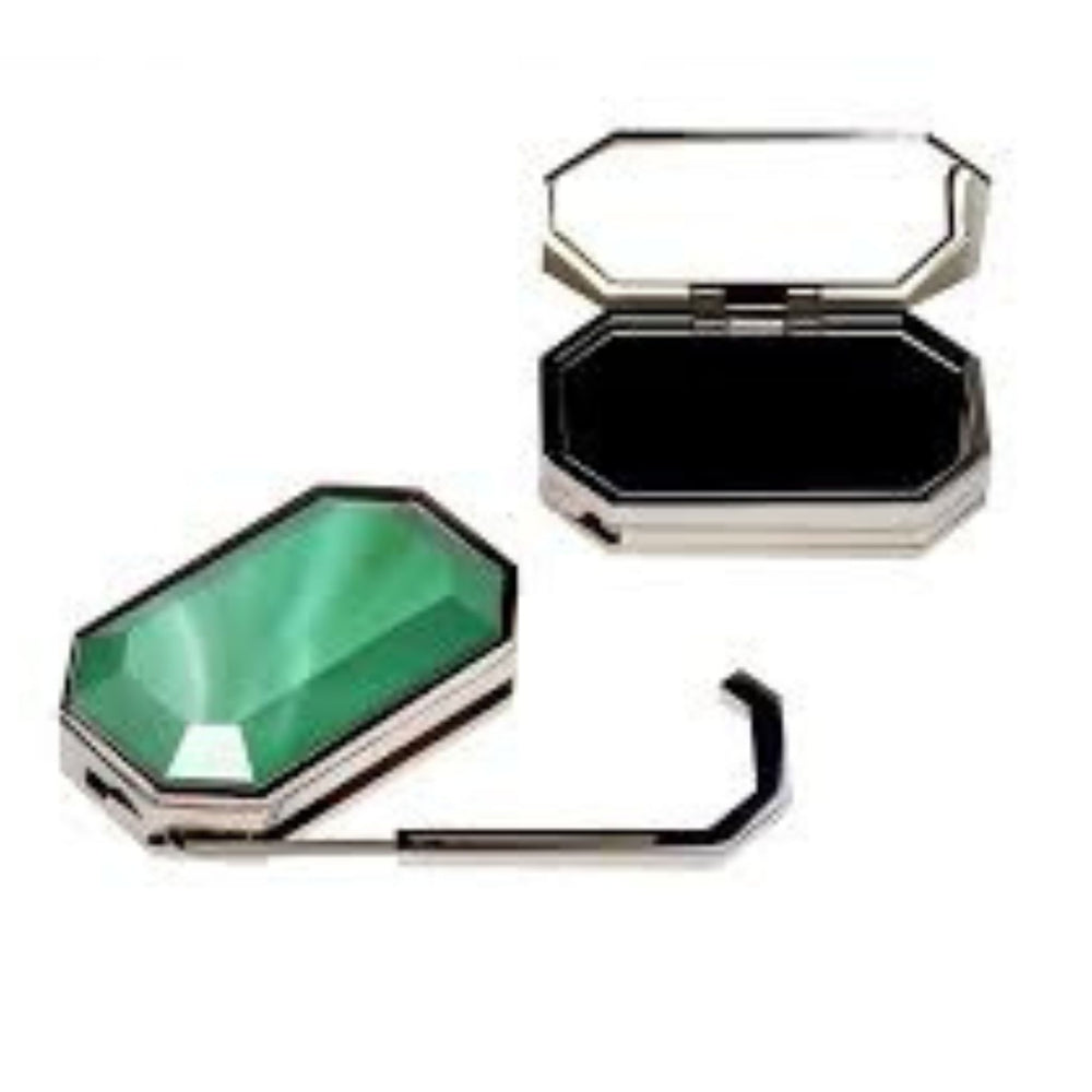Multicolor purse hanger with green and black octagonal holders, silver hook arm