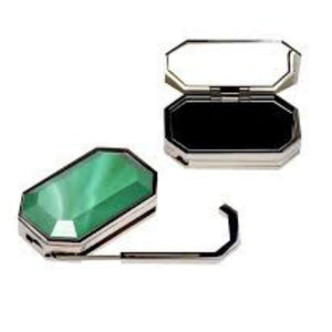 Multicolor purse hanger with green and black octagonal holders, silver hook arm