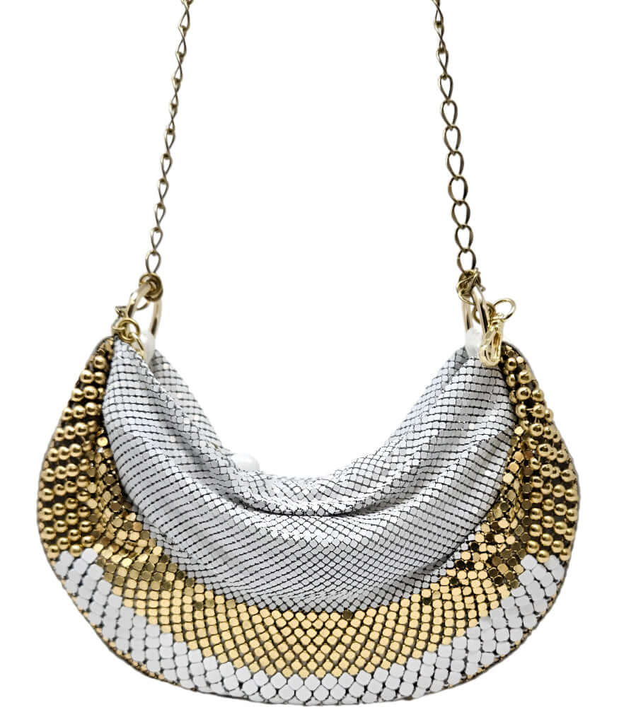 Two-tone white and silver mesh hobo bag with gold beaded trim, chain shoulder strap