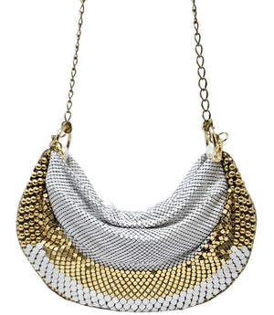 Two-tone white and silver mesh hobo bag with gold beaded trim, chain shoulder strap