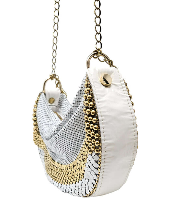 Two-tone white and silver mesh hobo bag with gold beaded detail and chain strap