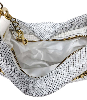 Open white and silver mesh hobo bag with gold zipper trim and white lining