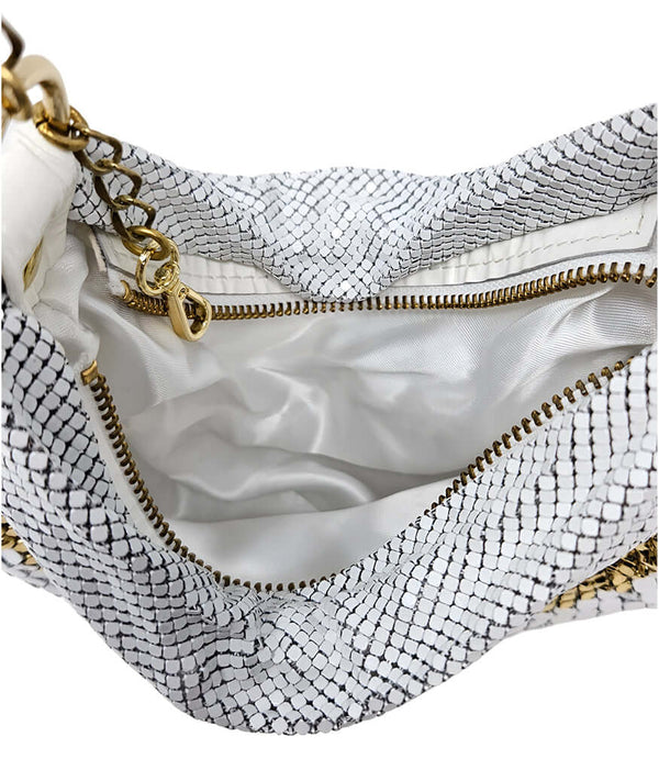 Open white and silver mesh hobo bag with gold zipper trim and white lining
