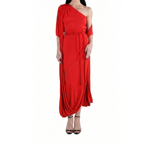 Red matte jersey one-shoulder maxi dress on model, ruched waist with tie belt