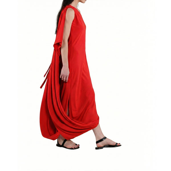 Red matte jersey one-shoulder maxi dress, draped back with long tassel ties