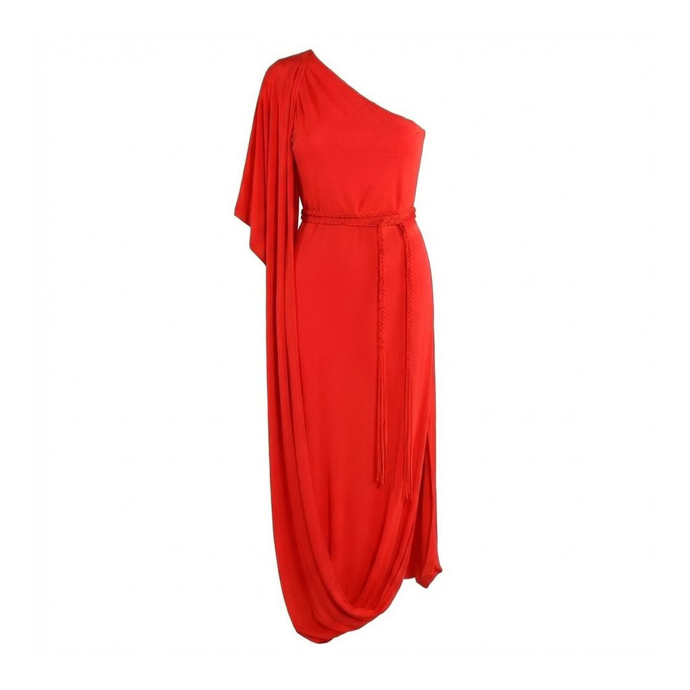 Red matte jersey draped one-shoulder dress with ruched waist and long hanging ties