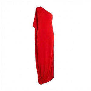 Red matte jersey one-shoulder maxi dress with draped neckline, column fit