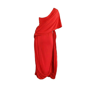 Red matte jersey wrap-style one-shoulder maxi dress with gathered shoulder drape
