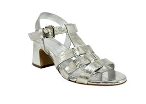 Silver metallic gladiator heel sandal with crisscross straps and square buckle