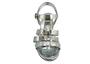 Silver metallic gladiator heel sandal with stacked back straps and buckle closure