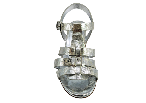 Silver metallic gladiator heel sandal with stacked back straps and buckle closure