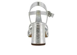Silver metallic gladiator heel sandal showing back straps and covered block heel