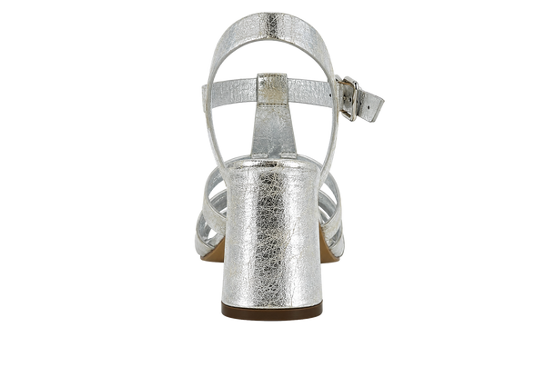 Silver metallic gladiator heel sandal showing back straps and covered block heel