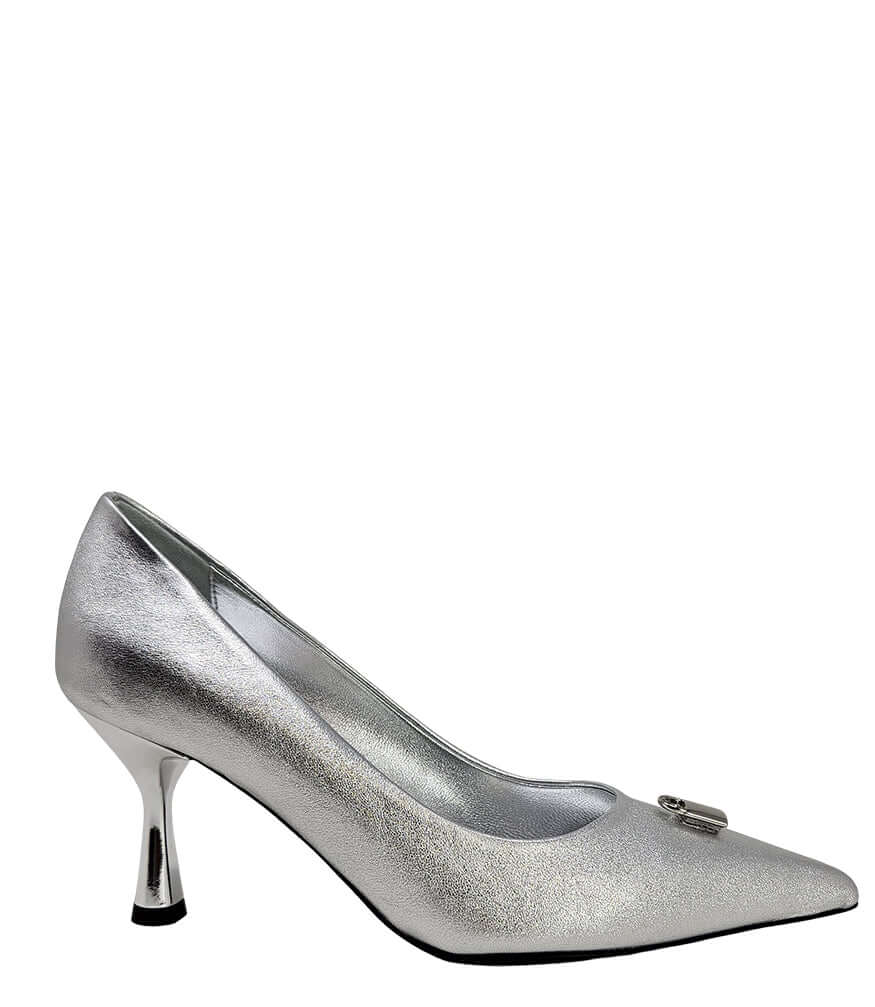 Silver metallic stiletto pump with lock detail, pointed toe and slim heel