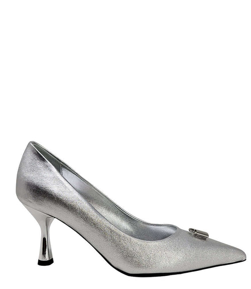 Silver metallic stiletto pump with lock detail, pointed toe and slim heel