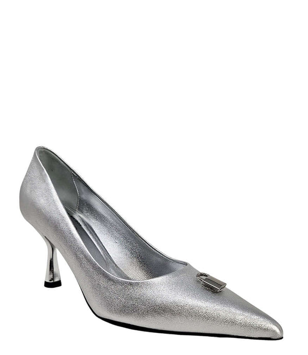 Silver metallic stiletto pump, pointed toe and side lock detail