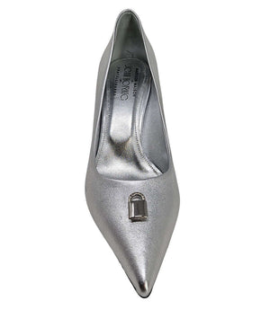 Silver metallic pointed-toe pump with interior logo text and front lock detail