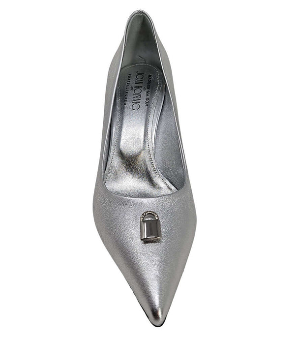 Silver metallic pointed-toe pump with interior logo text and front lock detail