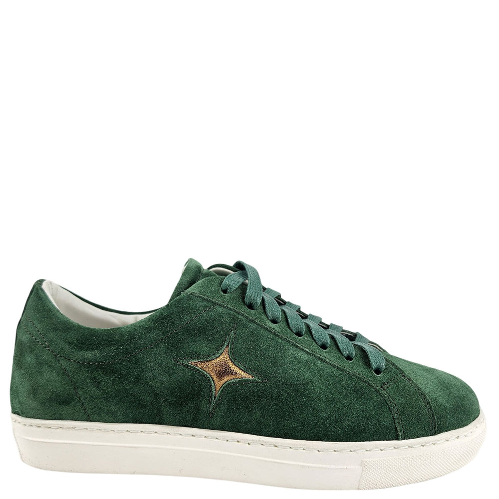 Green suede low-top sneaker with gold star side detail, lace-up, white rubber sole