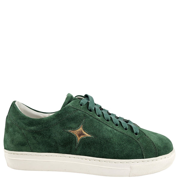 Green suede low-top sneaker with gold star side detail, lace-up, white rubber sole