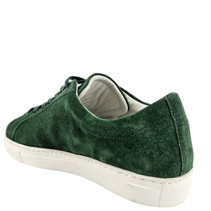 Green suede sneaker with rear view, lace-up closure, padded collar, white sole