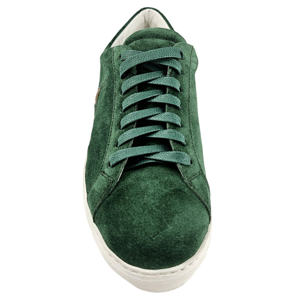 Green suede low-top sneaker from front view, green laces, white rubber sole