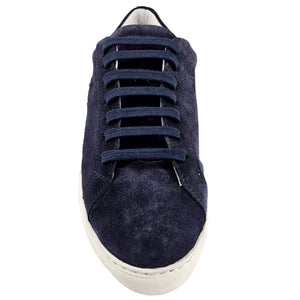 Navy suede womens sneaker with lace-up eyelets and white vulcanized sole.