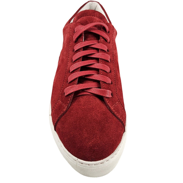 Red suede lace-up sneaker with fabric laces and white rubber sole
