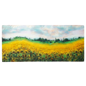 Italian silk satin scarf with wide landscape sunflower print, yellow field and blue sky