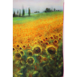 Italian silk satin scarf close-up, sunflower field print with yellow blooms, pink border