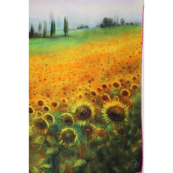 Italian silk satin scarf close-up, sunflower field print with yellow blooms, pink border