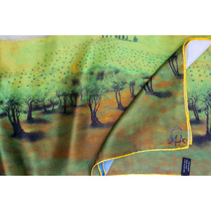 Green silk satin scarf with landscape print and solid yellow border